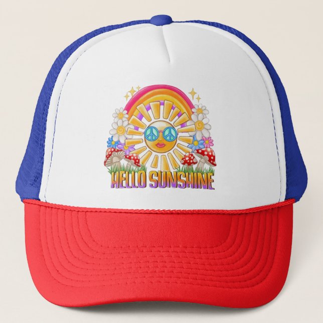 Boné Olá Sunshine Retro Hippie Summer Rainbow Design (Frente)