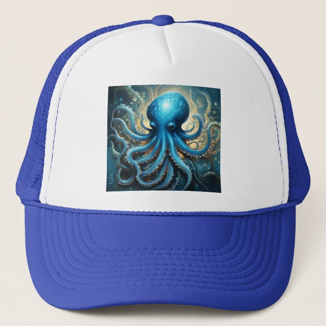 Boné Ondas Celestiais: A Arte Fractal Octopus Azul (Frente)