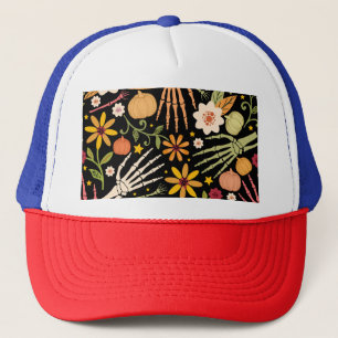 Boné Ossos de Halloween, padrão floral uniforme.