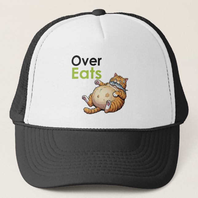 Boné Over Eats - Funny Fat Cat Eating Fish Cartoon (Frente)