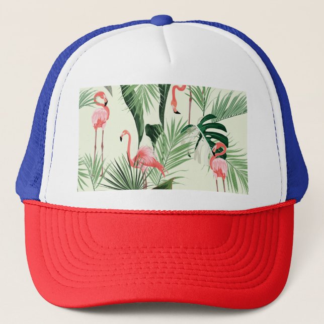 Boné Padrão de Flores Exóticas Flamingo Rosa (Frente)