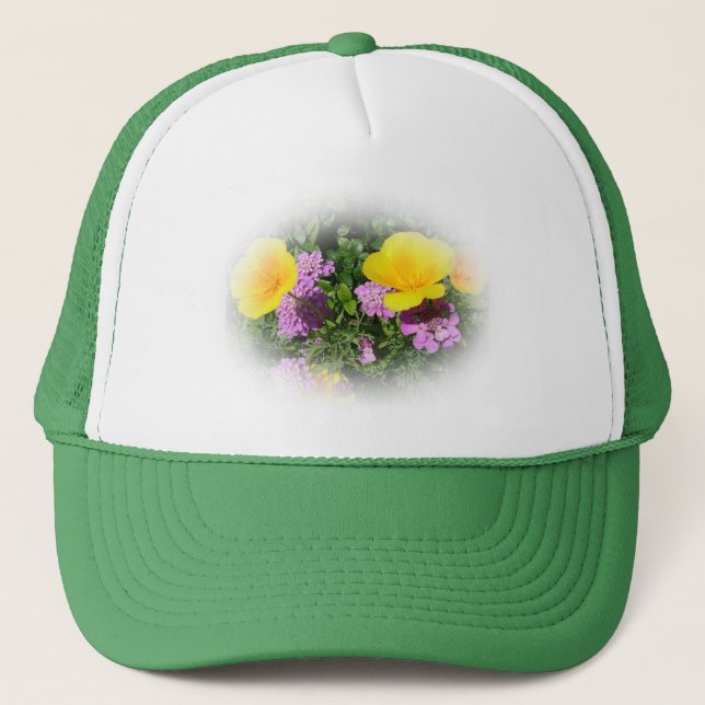 Boné pansias amarelas e flores de jardim roxas (Frente)