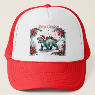 Boné Papai Noel Estegossauro Dinossauro & Poinsettias d