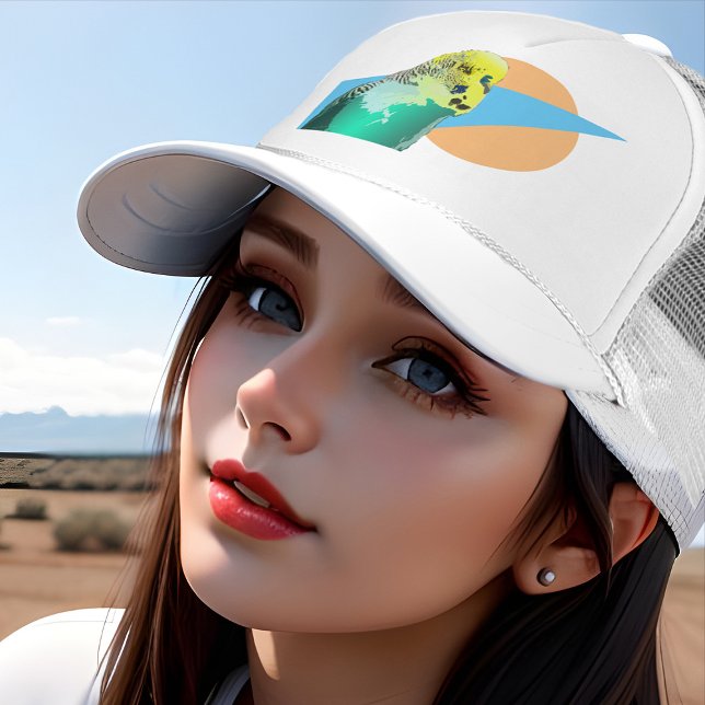 Boné Pássaro-de-estimação azul-azul-Pop do-ornitorrinco (Cute pet budgie bird trucker hat in retro orange and aqua)