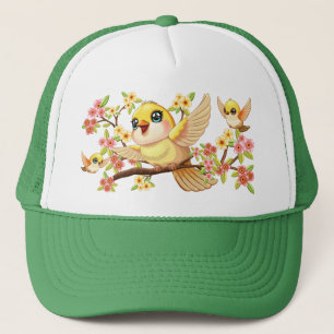 Boné Pássaros bonitos e felizes entre as flores da prim