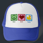 Boné Patos de Paz e Amor<br><div class="desc">Presente bonito perfeito para alguém que ama patos ou presentes amigáveis para bebês. Um sinal verde de paz, vermelho, e um bonitinho pato de borracha amarelo.</div>