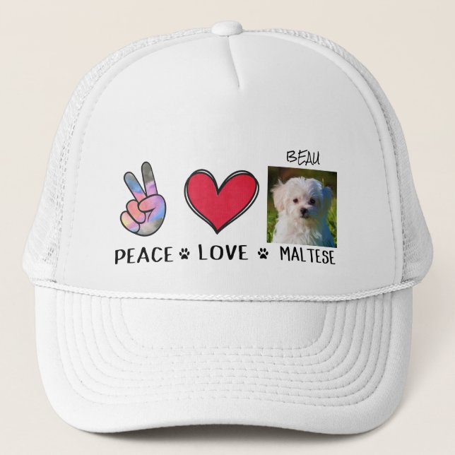Boné Paz Amor Cachorro Maltês Leva Trucker Hat (Frente)