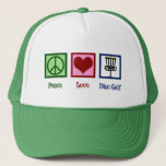 Boné Peace Love Disc Golf<br><div class="desc">A cute disc golfing Christmas gift featuring a peace sign,  heart,  and flying disc golf baskets used by a golfer. Cool disc golf course present.</div>