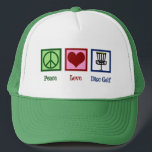 Boné Peace Love Disc Golf<br><div class="desc">A cute disc golfing Christmas gift featuring a peace sign, heart, and flying disc golf baskets used by a golfer. Cool disc golf course present.</div>