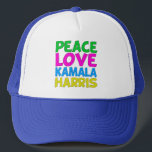 Boné Peace Love Kamala Harris<br><div class="desc">Cute Peace Love Kamala Harris chapéu para um democrata progressista que ama designs políticos coloridos e divertidos. Votem em Kamala para presidente nas eleições de 2024. Um design liberal divertido em cores brilhantes.</div>
