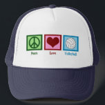 Boné Peace Love Voleibol<br><div class="desc">Um sinal de paz,  coração,  e um bonito vôlei numa praça azul. Eu adoro vôlei,  praia,  interior,  você o chama!</div>