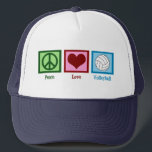 Boné Peace Love Voleibol<br><div class="desc">Um sinal de paz,  coração,  e um bonito vôlei numa praça azul. Eu adoro vôlei,  praia,  interior,  você o chama!</div>