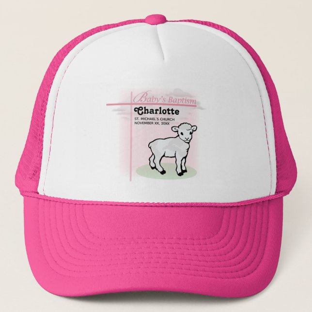 Boné Personalizável, Batismo, Rosa, Menina, Cordeiro (Frente)