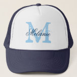 Boné Personalized name monogram hat for wedding party<br><div class="desc">Personalized name monogram navy blue trucker hat for bride and bridesmaids . Vintage monogrammed name initial letter with stylish script typography. Cute wedding party favor caps for guests, friends and family. Make your own for bride to be and bride's entourage; brides maid, maid of honor, flower girl, matron of honor,...</div>