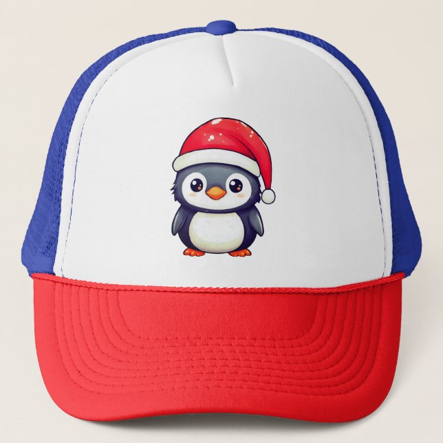 Boné Pinguim Kawaii Vestindo um Chapéu Noel Cozy neste  (Frente)