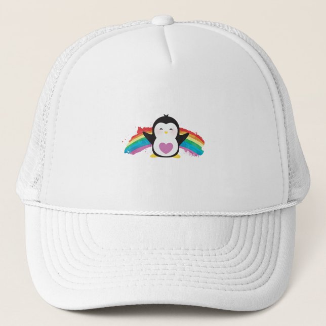 Boné Pinguin Heart Rainbow Cute Animais Para Crianças (Frente)