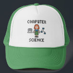 Boné Pixel Computer Science - Female - Trucker Hat<br><div class="desc">Imagem de arte em pixel representando uma cientista computacional feminina,  um computador e um fluxograma.</div>