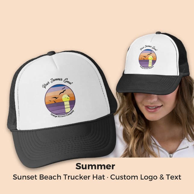 Boné Praia do Pôr do Sol Personalizada · Texto de Event (Custom Sunset Beach · Event & Brand Text Trucker Hat)