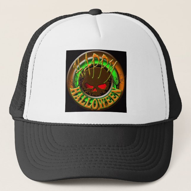 Boné PRETO feliz BG do crânio do Dia das Bruxas (Frente)