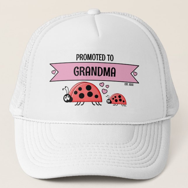 Boné Promoted to Grandma ladybugs white pink (Frente)