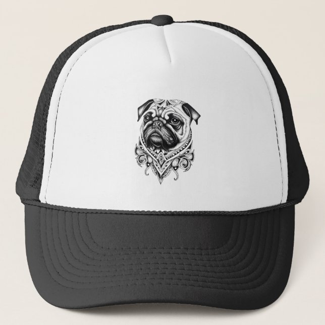 Boné Pug Pet Animal Nature Illustração Arte Tatuagem (Frente)