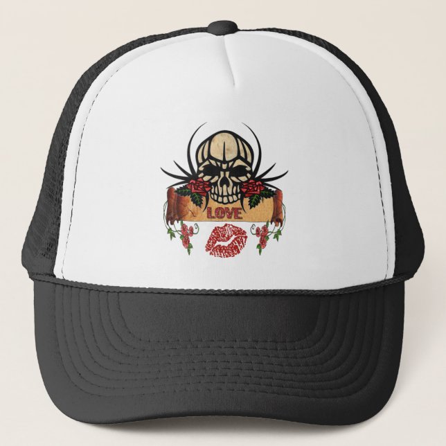 Boné RAB Rockabilly Caveira Rosas Amor Batom (Frente)