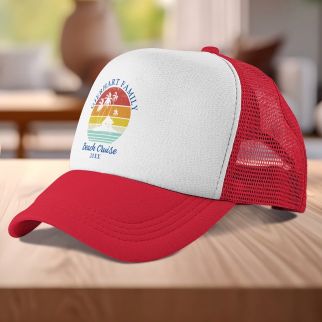 Boné Retrô de Correspondência de Reunião da Família de  (Custom Beach Cruise Family Reunion Matching Red Retro Trucker Hat)