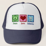 Boné Robótica de Paz e Amor<br><div class="desc">Um presente da Robótica Peace Love com um sinal de paz,  coração,  e um robô legal feito com nanotecnologia. Um professor de inteligência artificial fofo ou grande presente robótico.</div>