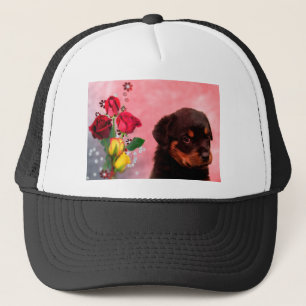 Boné Rottweiler Puppy com flores vermelhas e amarelas