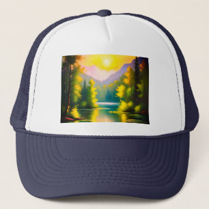 Boné Salto sobre neve cobriu montanhas e lago