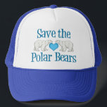 Boné Salvar Ursos Polares Branco Azul<br><div class="desc">Ativistas de animais selvagens vão adorar este belo presente de urso polar azul e branco. Este chapéu apresenta dois belos ursos polares caminhando em direção uns aos outros com um bonito coração azul no centro com Save the Polar Bears escrito em azul de inverno em um boné azul.</div>