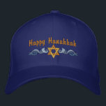Boné Saudação Hanukkah<br><div class="desc">Hanukkah design apresenta uma estrela dourada de David com espirais azuis. O texto acima diz Happy Hanukkah,  mas é opcional e pode ser personalizado por você ou excluído.</div>