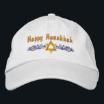 Boné Saudação Hanukkah<br><div class="desc">Hanukkah design apresenta uma estrela dourada de David com espirais azuis. O texto acima diz Happy Hanukkah,  mas é opcional e pode ser personalizado por você ou excluído.</div>