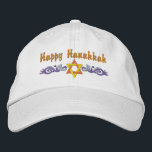 Boné Saudação Hanukkah<br><div class="desc">Hanukkah design apresenta uma estrela dourada de David com espirais azuis. O texto acima diz Happy Hanukkah,  mas é opcional e pode ser personalizado por você ou excluído.</div>