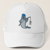 Selo na pesca com vara de pesca e peixe