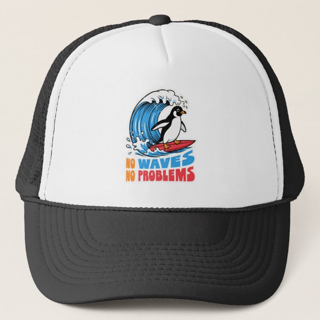 Boné Sem Ondas Sem Problemas Pinguim Divertido Surfando (Frente)