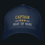 Boné Seu nome de barco Capitão Estrelas Náuticas Dourad<br><div class="desc">Um bordado personalizado com sua classificação Capitão ou outro título,  seu Nome ou Nome do Barco e estrelas. Várias cores de boné e thread a serem escolhidas. Faz um presente personalizado excelente para Dia de os pais,  Dia de as mães ou qualquer ocasião.</div>
