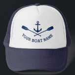 Boné Seu Nome De Barco Náutico Ancorar Marinho De Oros<br><div class="desc">Uma âncora de barco náutico e remos cruzados com seu nome de barco personalizado ou outro texto em azul Marinho em um chapéu de caminhoneiro Na moda.</div>