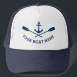Boné Seu Nome De Barco Náutico Ancorar Marinho De Oros<br><div class="desc">Uma âncora de barco náutico e remos cruzados com seu nome de barco personalizado ou outro texto em azul Marinho em um chapéu de caminhoneiro Na moda.</div>