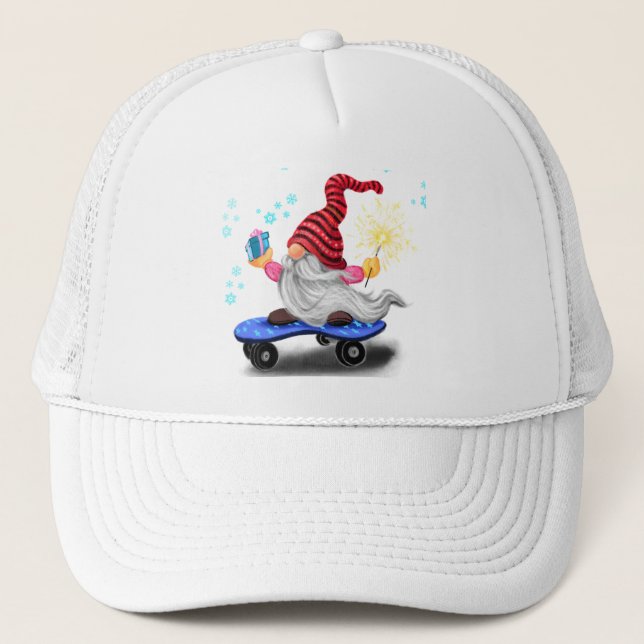 Boné Skater Gnomo com presentes e chapéu de camionista (Frente)