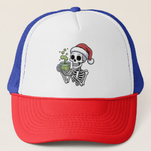 Boné Skeleton segurando Matcha Bebida Vestindo Santa Ha