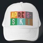 Boné Skier Retro Après Ski Color Blocks<br><div class="desc">Design de esqui moderno, après-ski, em blocos coloridos e letras coloridas. Abertura de esqui alpino, estância de esqui, design de esqui. Um maravilhoso presente esportivo de inverno para um esquiador no seu círculo de amigos, colegas de trabalho ou família. Design de trabalho de arte de esquiadores retrô. Esquiadores esquiando decoração...</div>