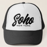 Boné Soho New York trucker hat with script typography<br><div class="desc">Soho New York trucker hat with script typography. Custom black and white baseball cap for casual wear,  sports,  golf and more. Stylish hand lettering design for men and women. Available in other cool colors too.</div>