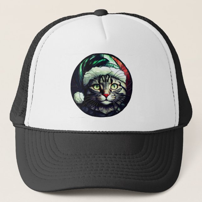 Boné Stained-Glass Christmas Grey Tabby In Green Hat (Frente)