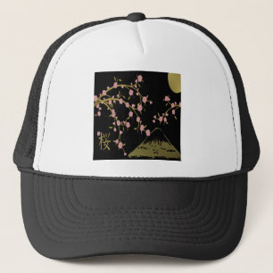Boné Tela Japonesa Rosa Sakura Dourado Preto