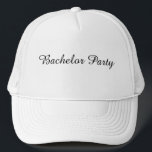 Boné Texto do Partido de Despedida de Branco e Branco<br><div class="desc">Texto do Conversor de Texto do Partido do Desenvolvedor de Cor Branca e Branca. Este Chapéu ou boné adequado para o Solteiro, especialmente Quem vai celebrar a vitória ou a festa de fim de semana. Você pode editar o texto do Partido de Licença. Um camionista de solteiro que é um...</div>