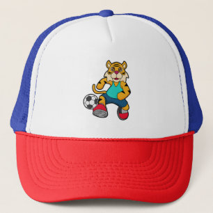 Boné Tigre como jogador de futebol com bola de futebol