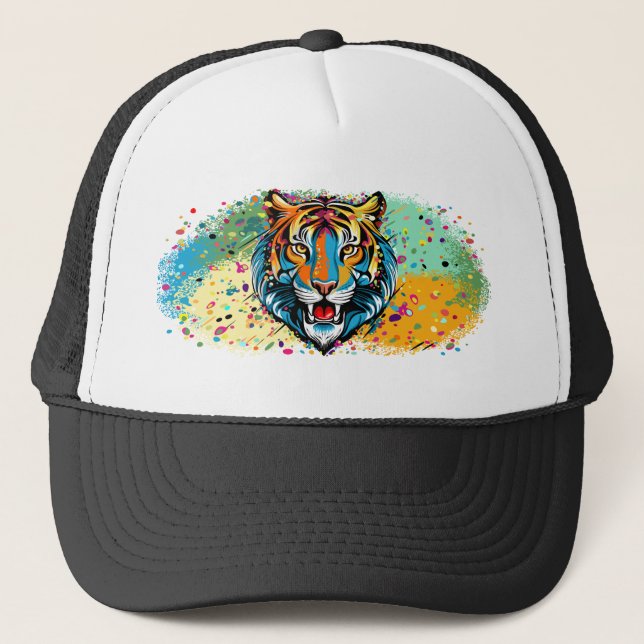 Boné Tinta de cores Arco-íris Cabeça de Tigre (Frente)