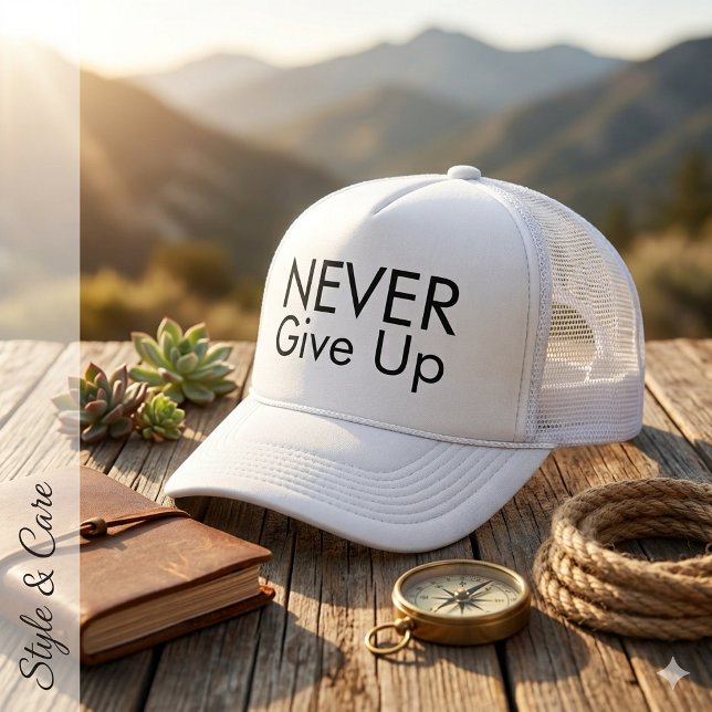 Boné Toca de Caminhoneiro com Texto Nunca Desista Inspi (Never Give Up Text Mark Inspirational Trucker Hat)