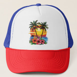 Boné Tropical Sunset Trucker Hat - Palm Trees & Hibiscu